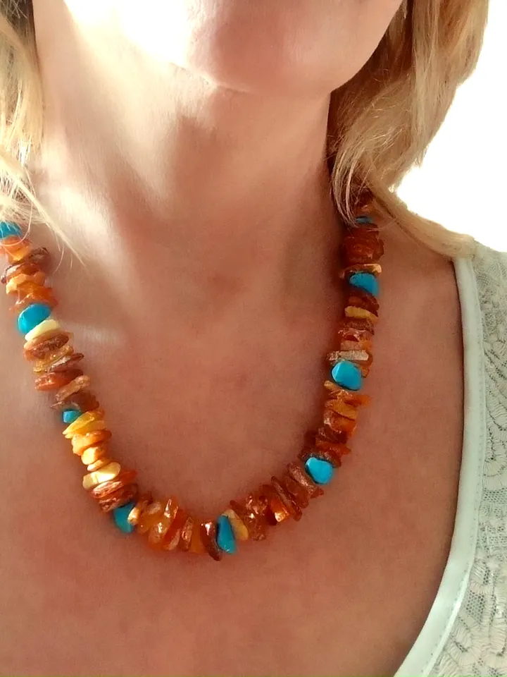 Raw Amber Healing Stone Necklace Baltic Amber jewelry adults with turquoise howlite beads. For anxiety, thyroid treatment.