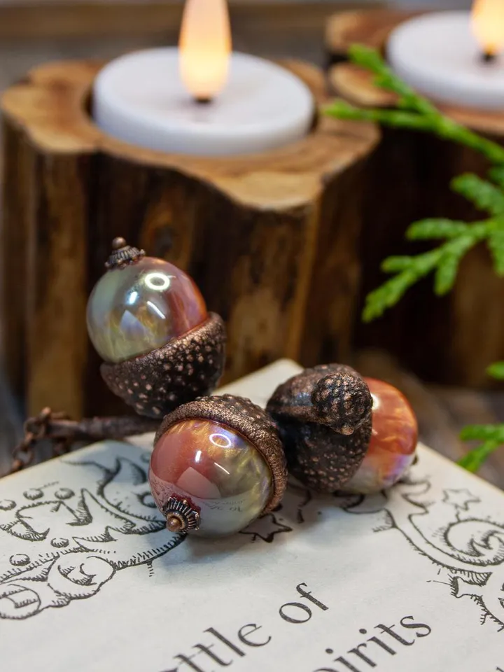 An original handmade electroformed copper pendant made from natural acorn caps in a single copy.