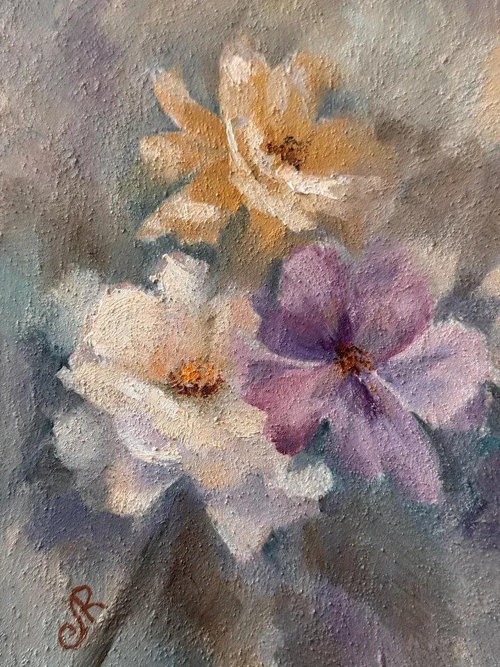 Flowers Original Painting Framed Painting Shabby Chic Painting Floral Wall Art
