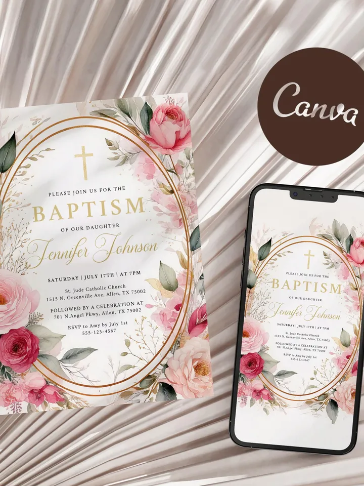 EDITABLE Floral Baptism Invitation, Printable Blush Pink & Gold Floral Template, Christening Digital Invite, Instant Download Canva template