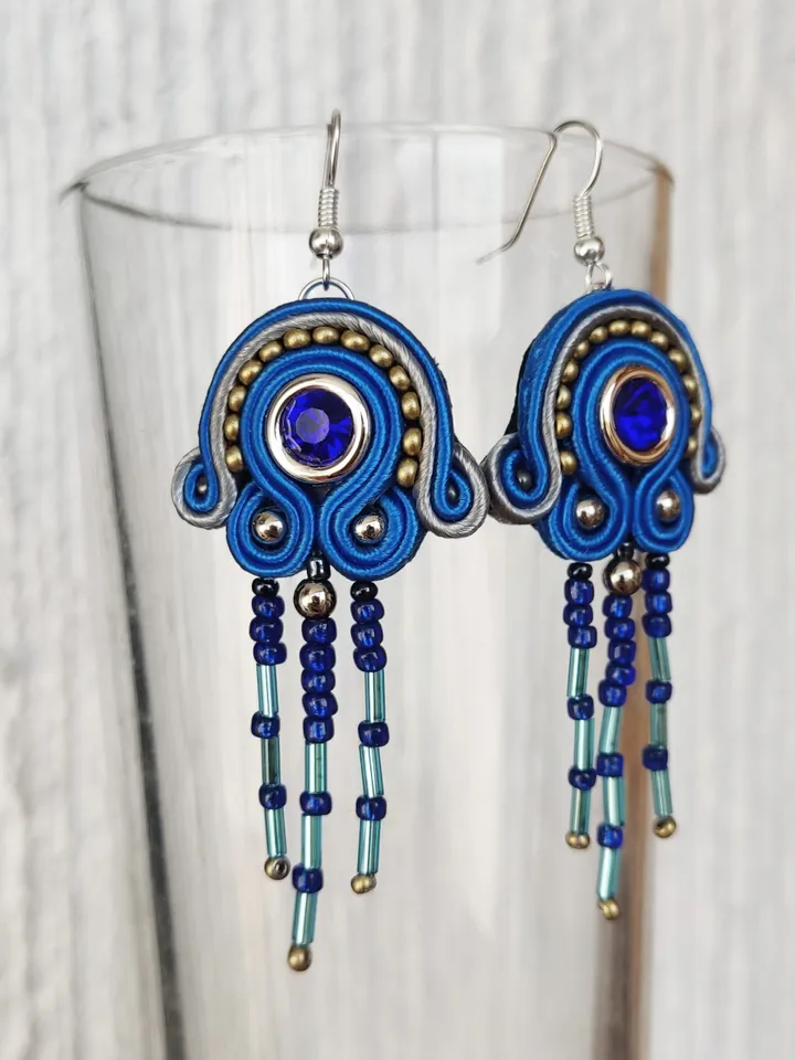 Blue earrings, Long beaded earrings, tassel earrings, embroidered soutache earrings Bohemian earrings