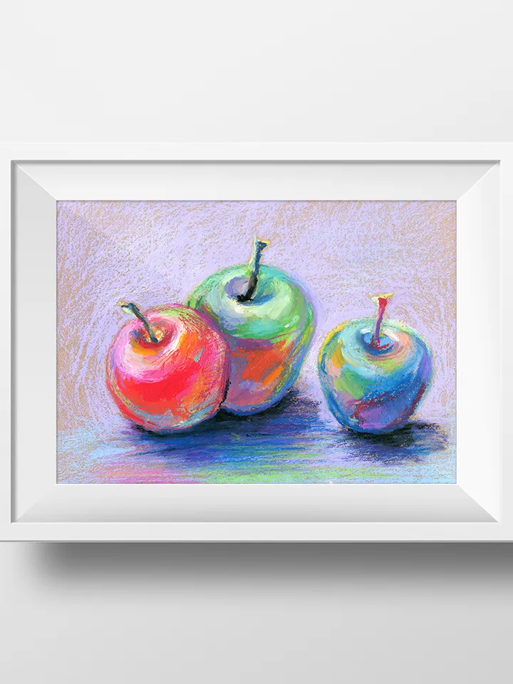 Still life three bright apples, Original oil pastel drawing on A4 craft paper.