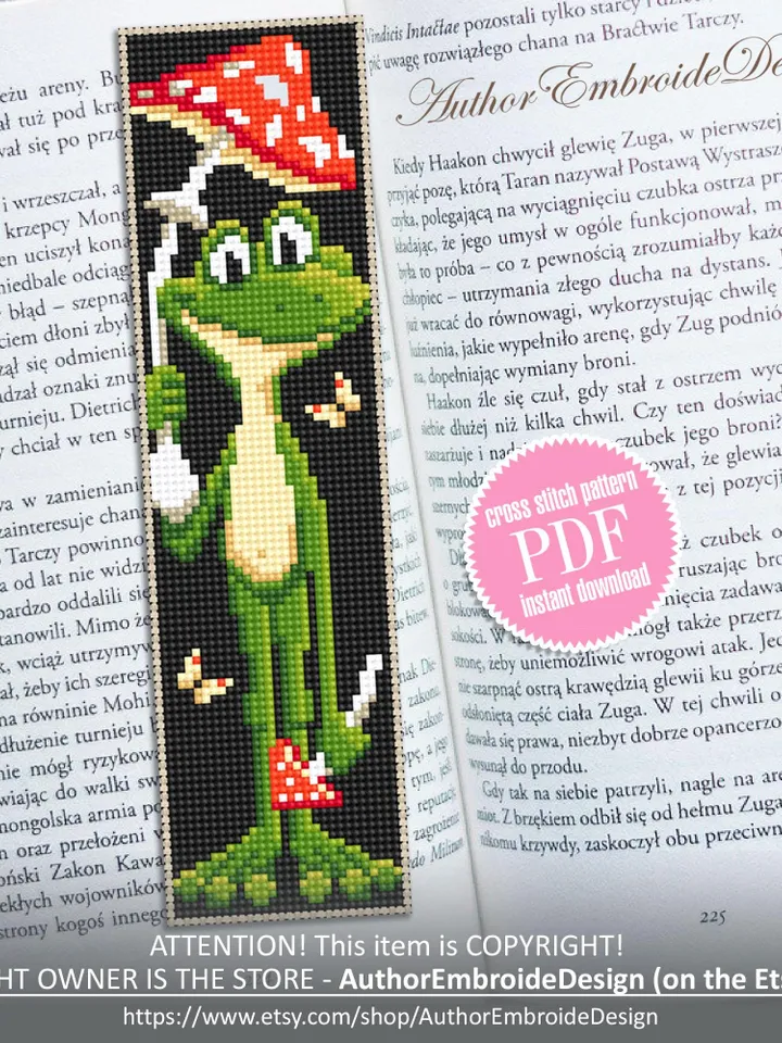 Frog bookmark cross stitch pattern PDF download Mushroom frog cross stitch chart, Funny bookmark pattern digital PDF, Frog embroidery #B371
