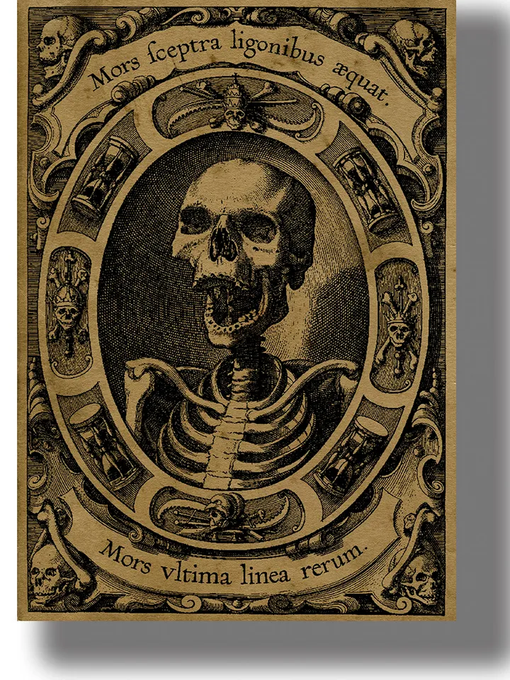 A terrible skeleton that is waiting for its next victim. Allegory of the frailty of human existence.