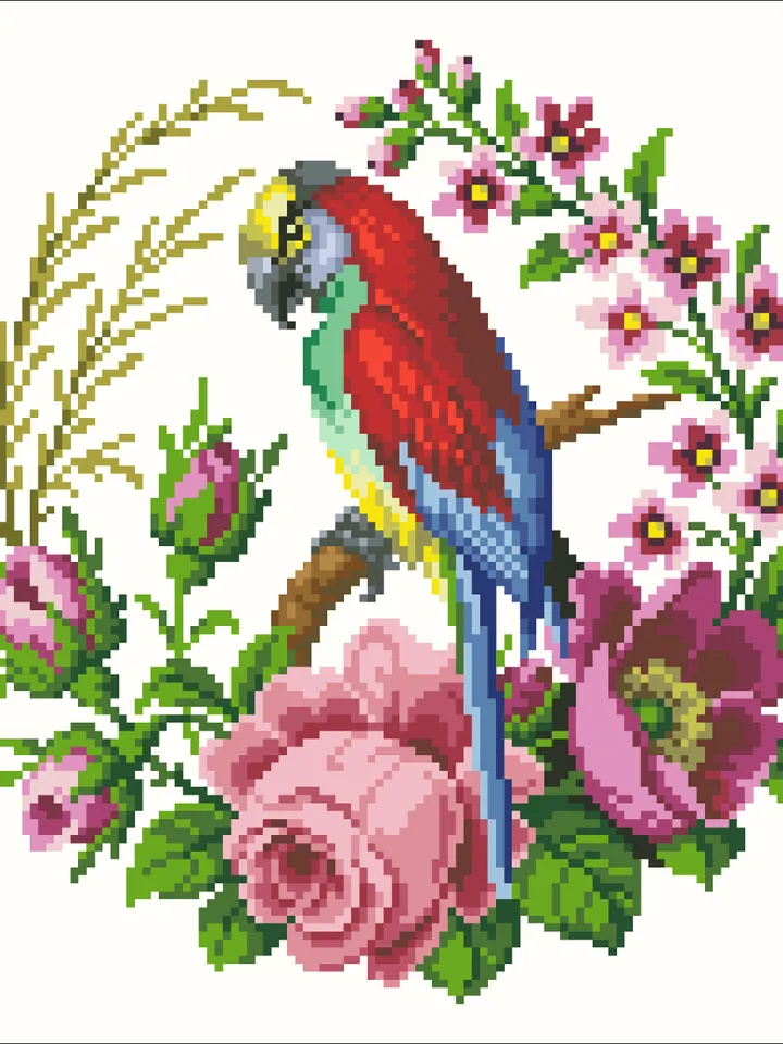Antique Cross Stitch Pattern Parrot with Flowers Digital Download PDF