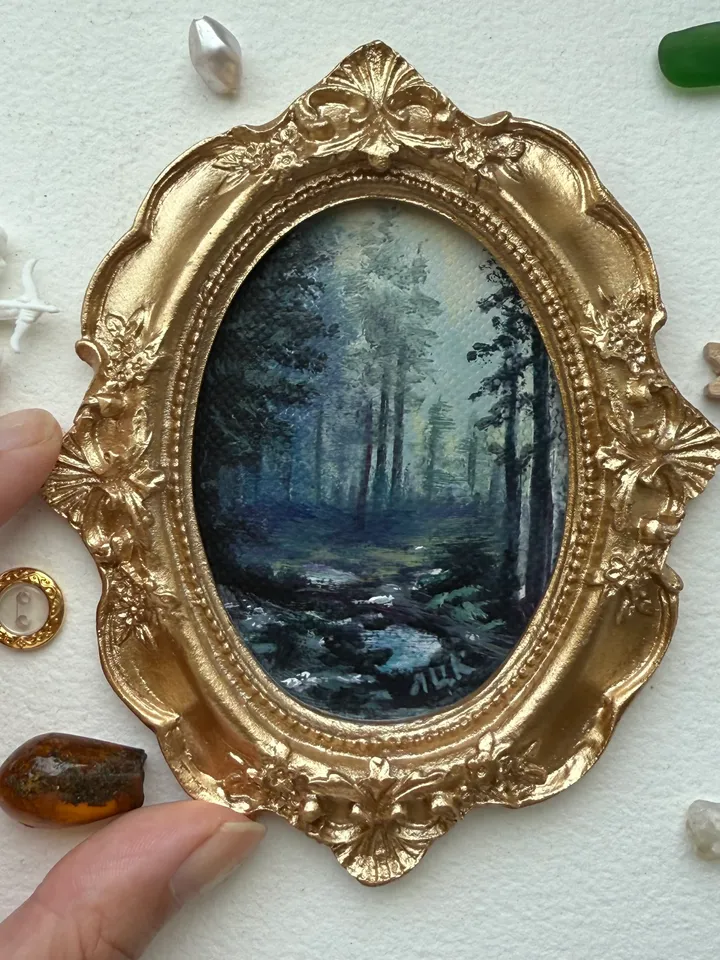 Enchanted Forest Landscape Oil Painting Original In Vintage Style Frame Small Framed Oval Painting Art