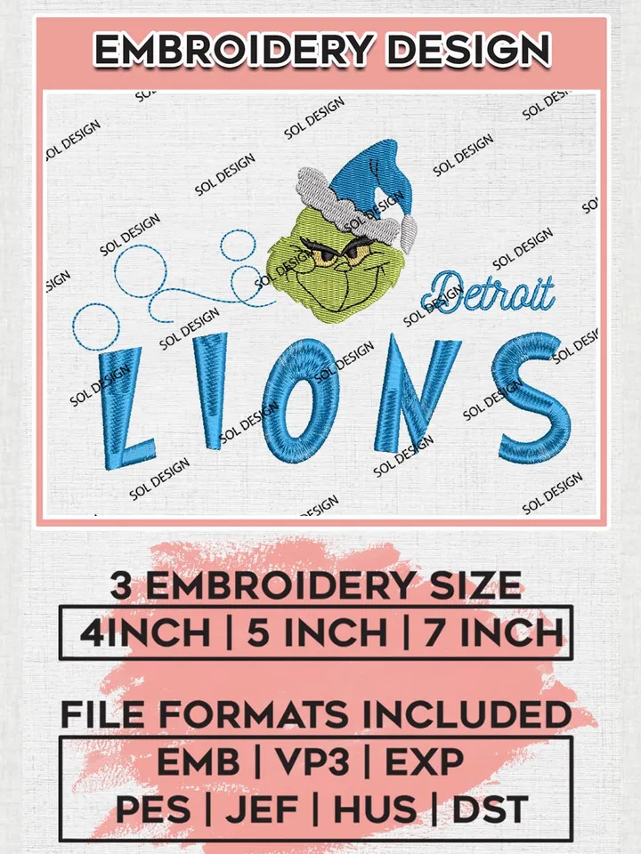 Christmas Grinch Detroit Lions Embroidery Designs, Grinch Embroidery Files, NFL Lions Machine Embroidery Designs, NFL Detroit Lions Logo, NFL Christmas Machine Embroidery Design, Digital Download