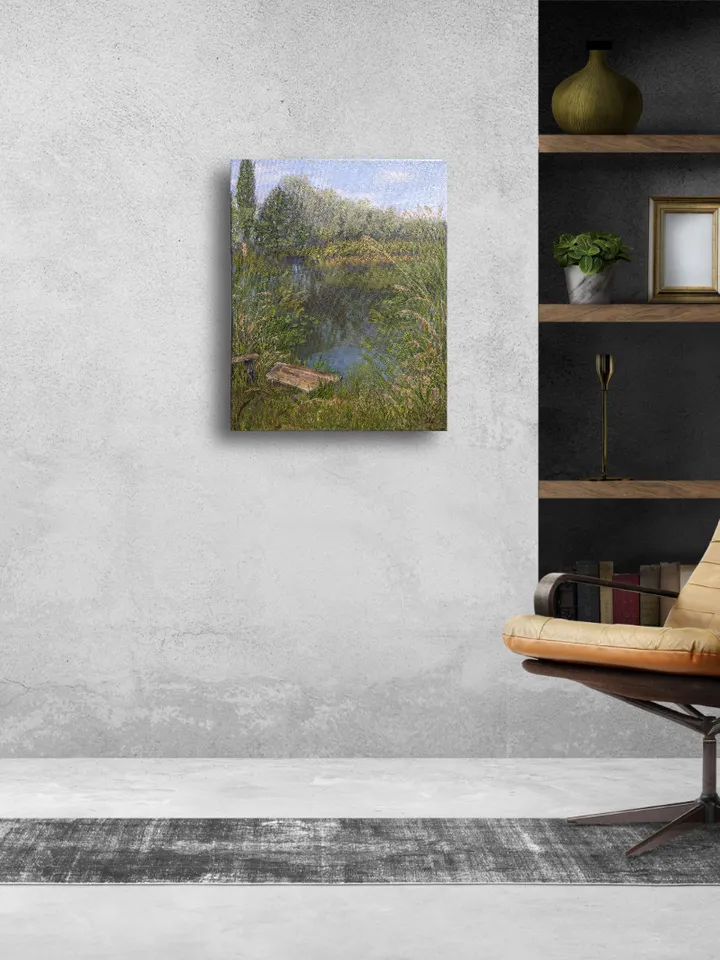 Summer landscape oil painting with a river, green grass and trees, with a small bridge, canvas 16x12 inches