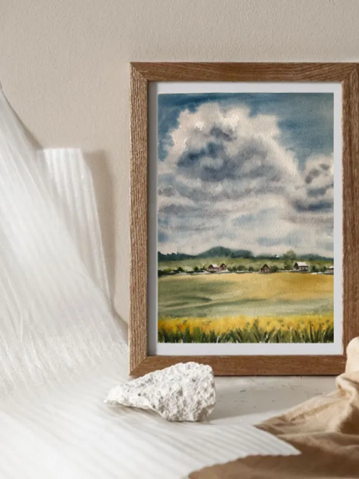Clouds over the village landscape original watercolour painting wall art hand painted