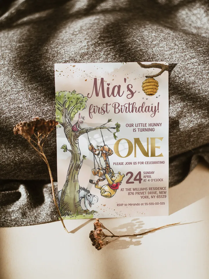 Classic Winnie Pooh Baby Birthday Invitation; Winnie Pooh Baby Birthday ; Greenery Baby Birthday; Honey Bear Birthday; Winnie Pooh wp6