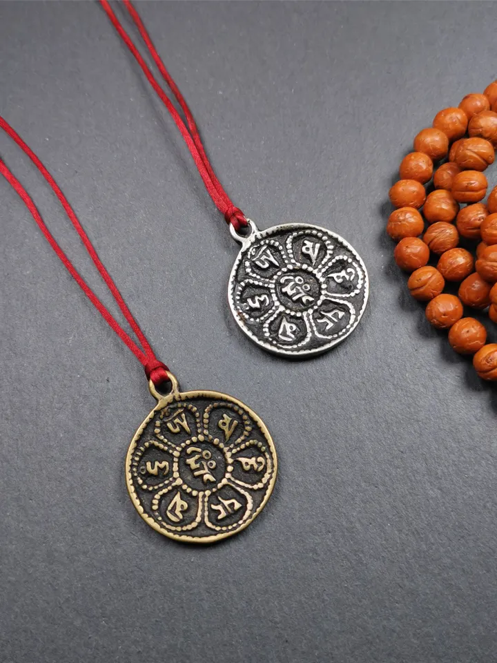 Gandhanra Handmade Tibetan Buddhist Amulet,Om Badge Pendant, Mantra of Om Mani Padme Hum, Made of Brass,1.26"