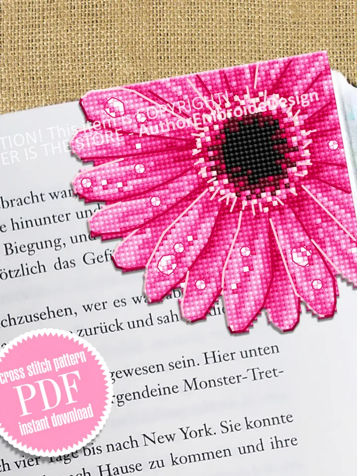 Gerbera Corner bookmark cross stitch pattern PDF download Pink flower cross stitch chart, Flower bookmark for women Floral pattern PDF #B257
