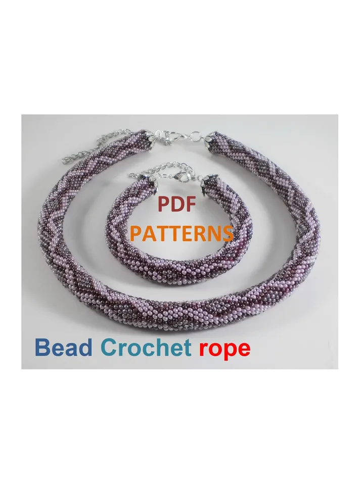 Bead crochet rope patterns «Chain» necklace and bracelet, 8 kinds, Instant Download, Pdf fail