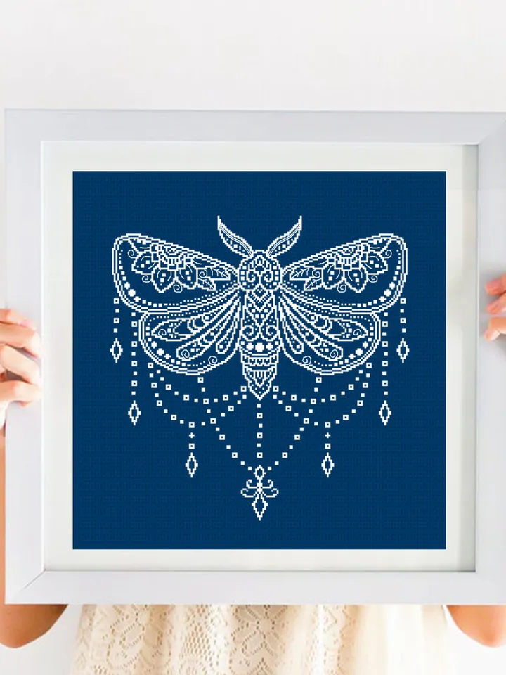 Mandala butterfly cross stitch pattern PDF download Moth cross stitch chart, Monochrome moth pattern, Flower mandala embroidery PDF #M225