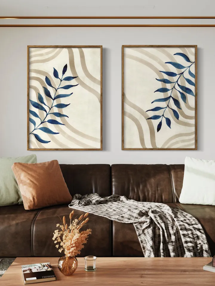 Indigo Beige Floral Minimalist Watercolor Wall Art, Set Of 2, Abstract Art Print, Blue Home Decor,