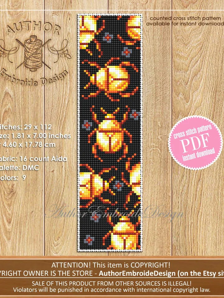Golden scarab beetle bookmark cross stitch pattern PDF download Bug cross stitch chart, Bookmark pattern digital PDF, Book lover gift #B282