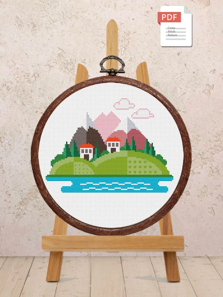 Pink Mountains Cross Stitch Pattern, Island Cross Stitch, Embroidery Travel, Travel Cross Stitch Pattern, Modern Cross Stitch #trl001