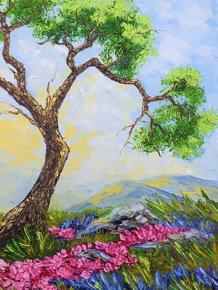 Cypress Tree Painting Lavender Original Art Landscape Artwork Oil Painting