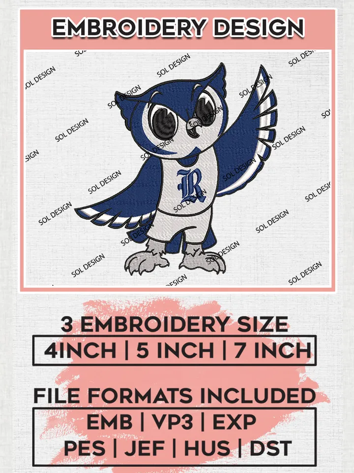 NCAA Rice Owls Logo Funny Mascot Embroidery Design Files, NCAA Rice Owls Machine Embroidery, NCAA Teams, 3 sizes, NCAA Machine embroidery designs, Digital Download