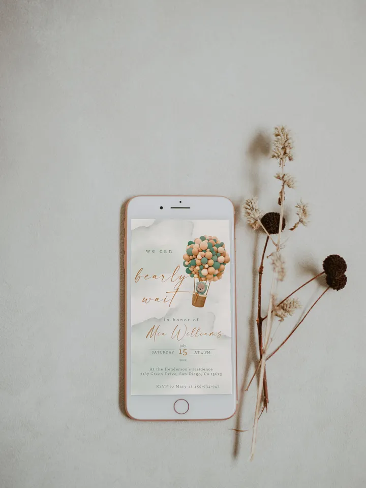 Teddy Bear Hot Air Balloon Baby Shower Digital Invitation; We can bearly wait; Editable Teddy Bear Ballons Baby Shower Smartphone Invitation