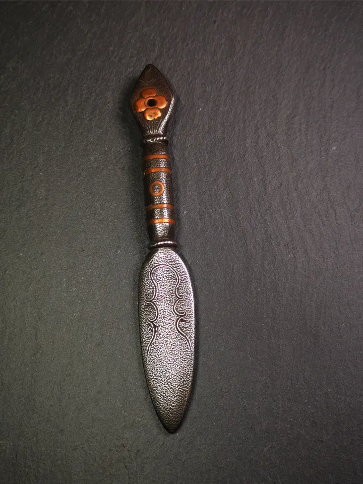 Gandhanra Handmade Tibetan Buddhist Ritual Implement - Kila -Dorje Phurba,Made of Cold Iron inlaid with Copper,5.5"