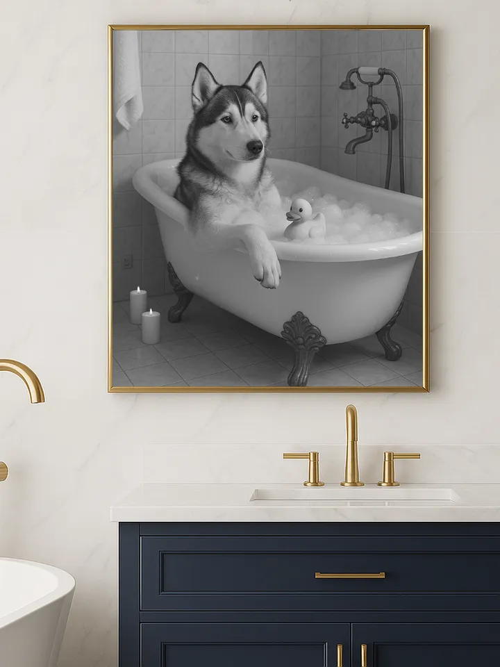 Funny Husky Bathroom Wall Art, Dog in Bathtub with Rubber Duck Print, Cute Pet Lover Digital Download