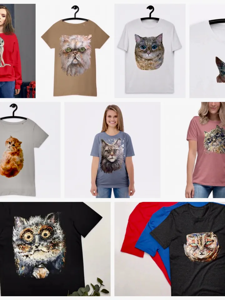 Lovely cat Short-Sleeve Unisex T-Shirt made with my original watercolor cat portrait,cat lovers wearable gifts,t shirts for her.