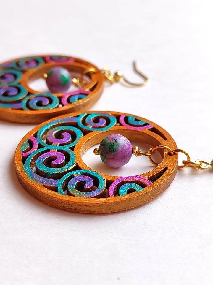 Round lightweight earrings with zoisite ethnic earrings with hand painting