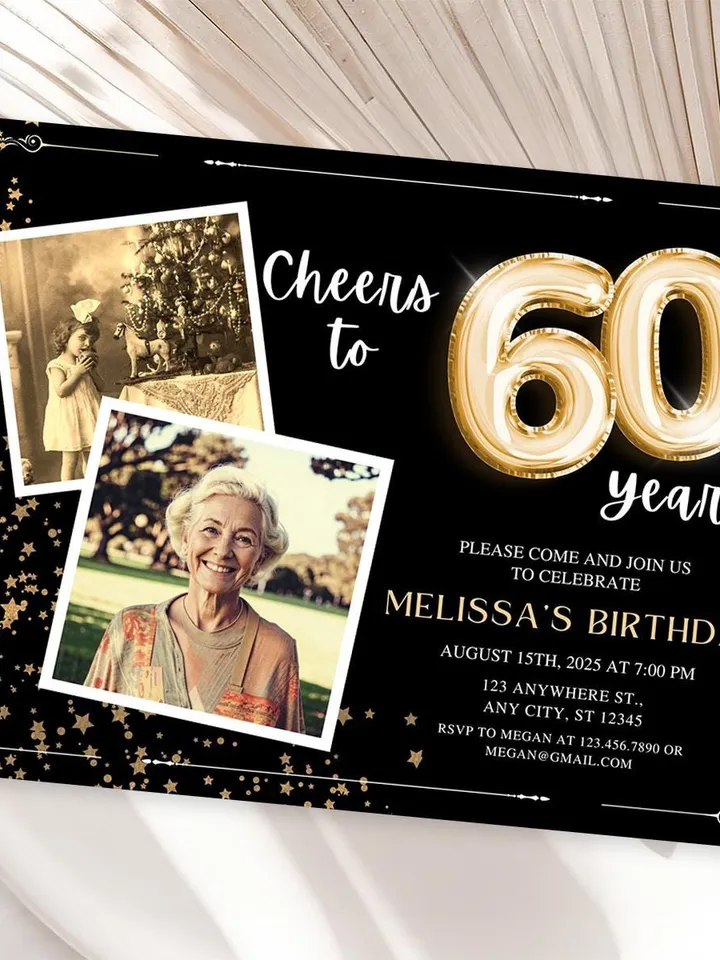 60th Birthday Invitation with Photo Adult Women Men Cheers to 60th Birthday Invite Black and Gold Party Card for Grandma Canva Template