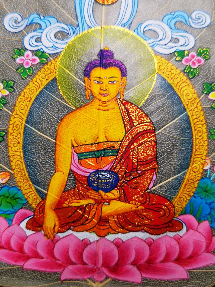 Gandhanra Handpainted Bodhi Leaf Thangka,Packed in Wooden Picture Frame,Painted with Natural Mineral Pigments,Amitabha Thangka