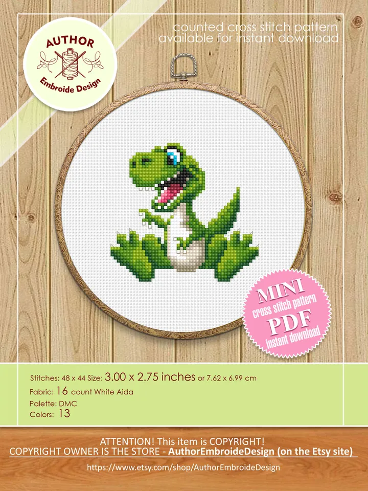 Dinosaur cross stitch pattern PDF download Set of 4 small t rex cross stitch chart, Cute dino pattern digital PDF, Jurassic animals #D15