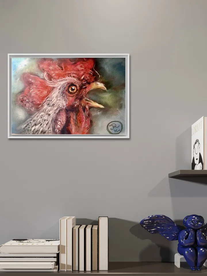 Red rooster original soft pastel painting on cardboard,funny animals pastel art,small painting gift,kitchen wall decoration.