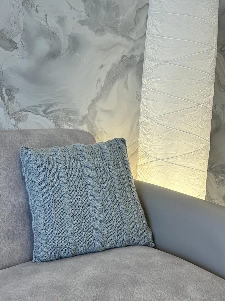 Knitting pattern, pillow cover with cables, knit flat handmade design, envelope or button opening, Eng, 3 Cables Cushion Cover