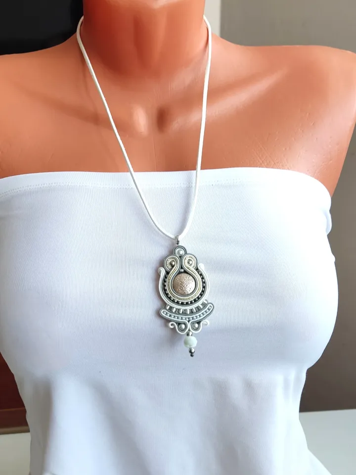White necklace, Boho pendant, Embroidered necklace, Ethnic necklace, Soutache