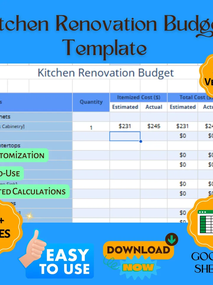 Kitchen Renovation Budget Template, Editable Google Sheets Digital Download, Remodeling Cost Tracker, Home Renovation Planner