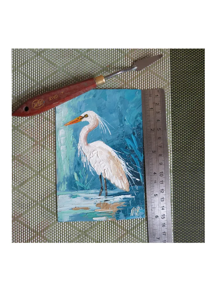 Original Mini Oil Painting Heron Portrait with Palette Knife Technique Graceful Heron Artwork Mini Oil Bird Art
