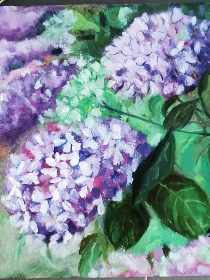 Hydrangea oil on cardboard purple flowers miniatures