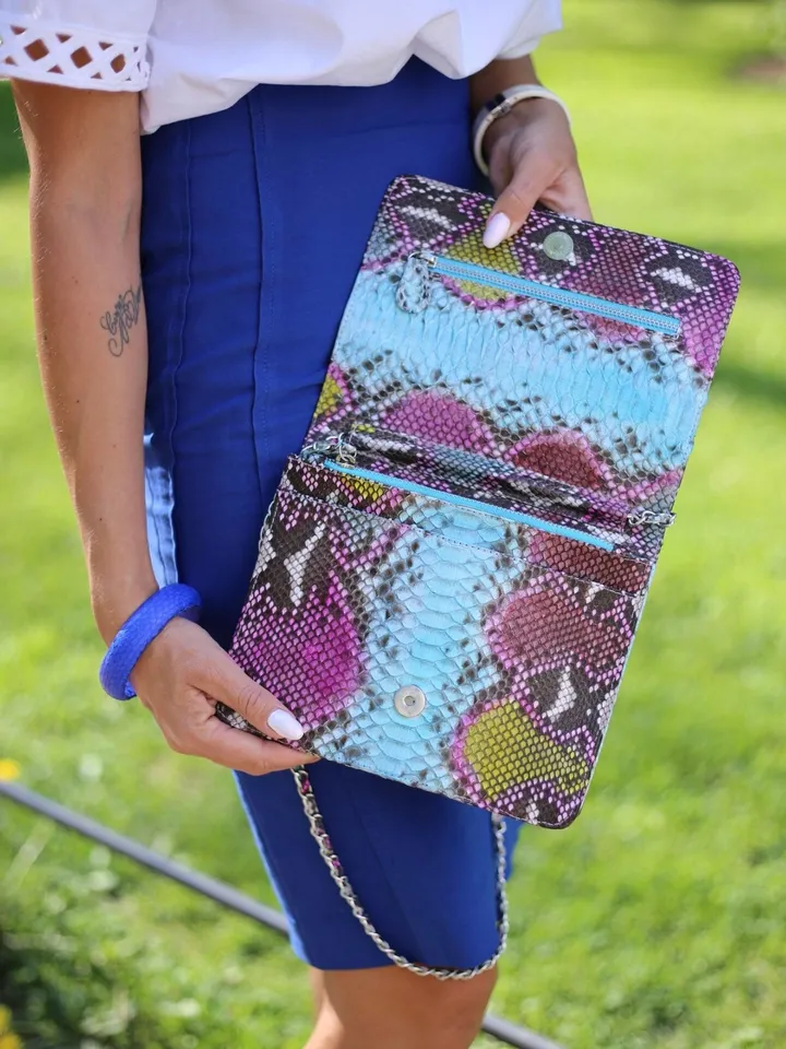 Genuine Python Skin Multicolor Flat Crossbody Bag | Exotic Leather Bags | Summer Bags | Classy Leather Women Handmade Bags | Leather Purse