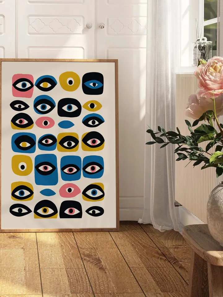 Colorful Eye Wall Poster, Whimsical Abstract Eye Art, Retro Grid Design, Mid Century Digital Print, Home Decor, Instant Download, crayz eyes