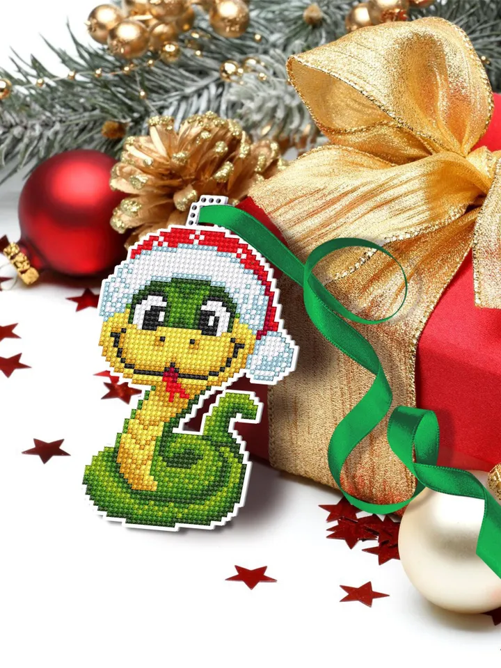 Christmas snake cross stitch pattern PDF download Double-sided Christmas tree decor for plastic canvas, Snake pattern digital PDF #N157