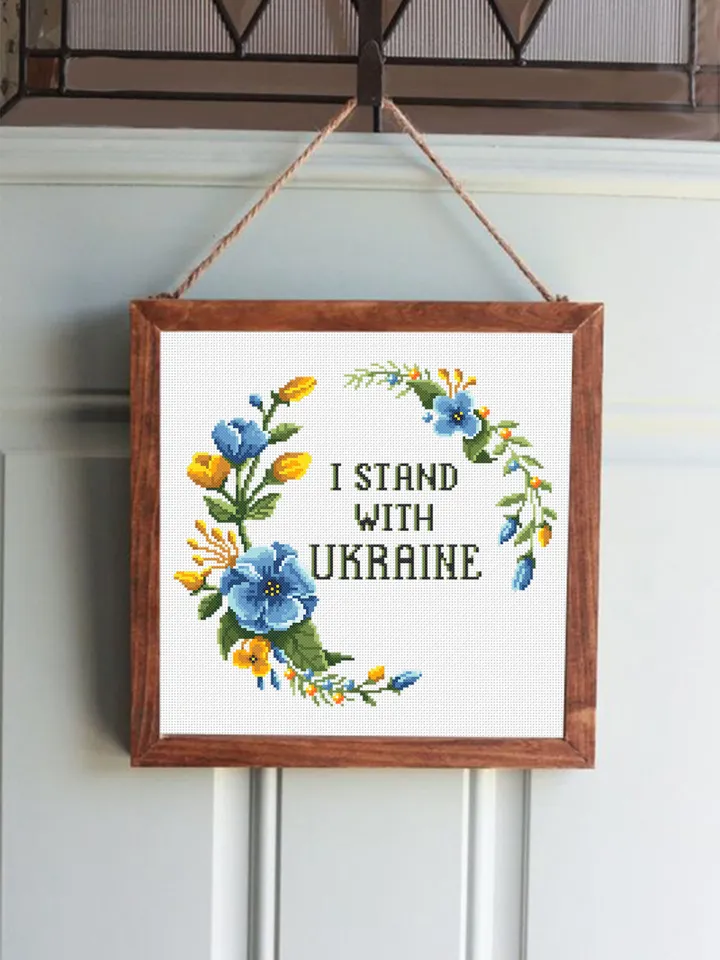 I Stand With Ukraine cross stitch pattern download PDF Framed quote cross stitch chart, Flower wreath cross stitch, DIY Home decor #Q39