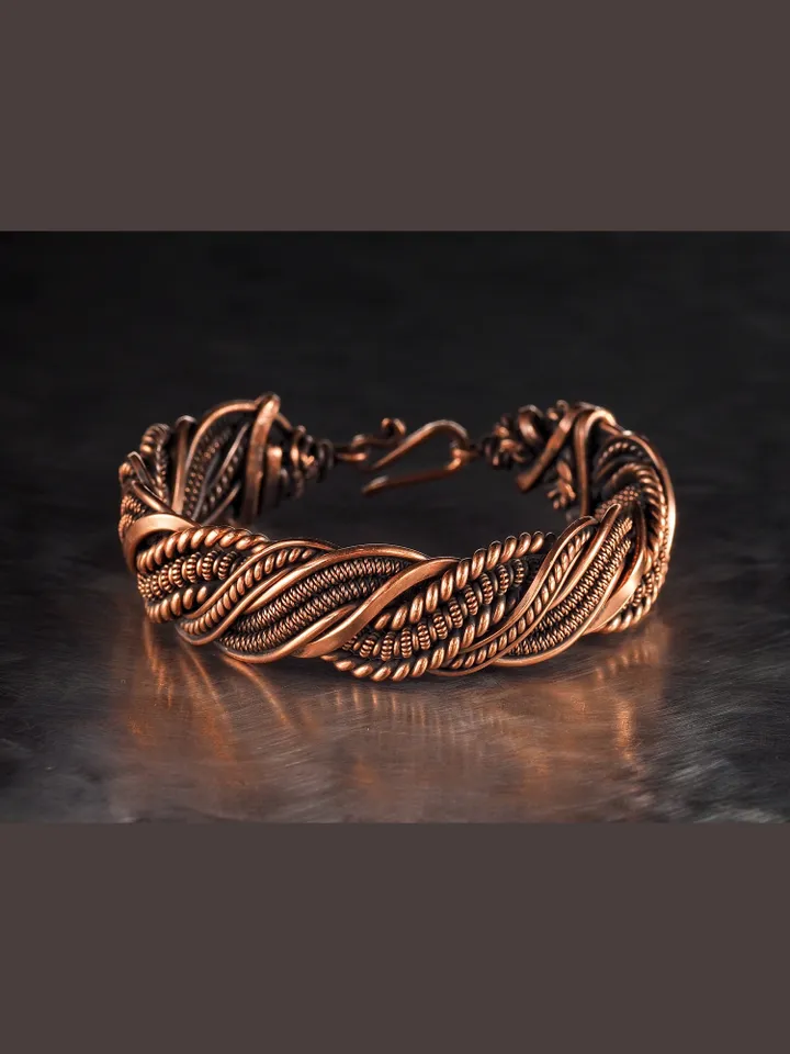 Wire wrapped bracelet, Unique 7th 22nd Anniversary gift idea, Art Nouveau antique style, One of kind braided statement bangle, Handmade oxidized pure copper jewelry, Pain relief, EMF protection