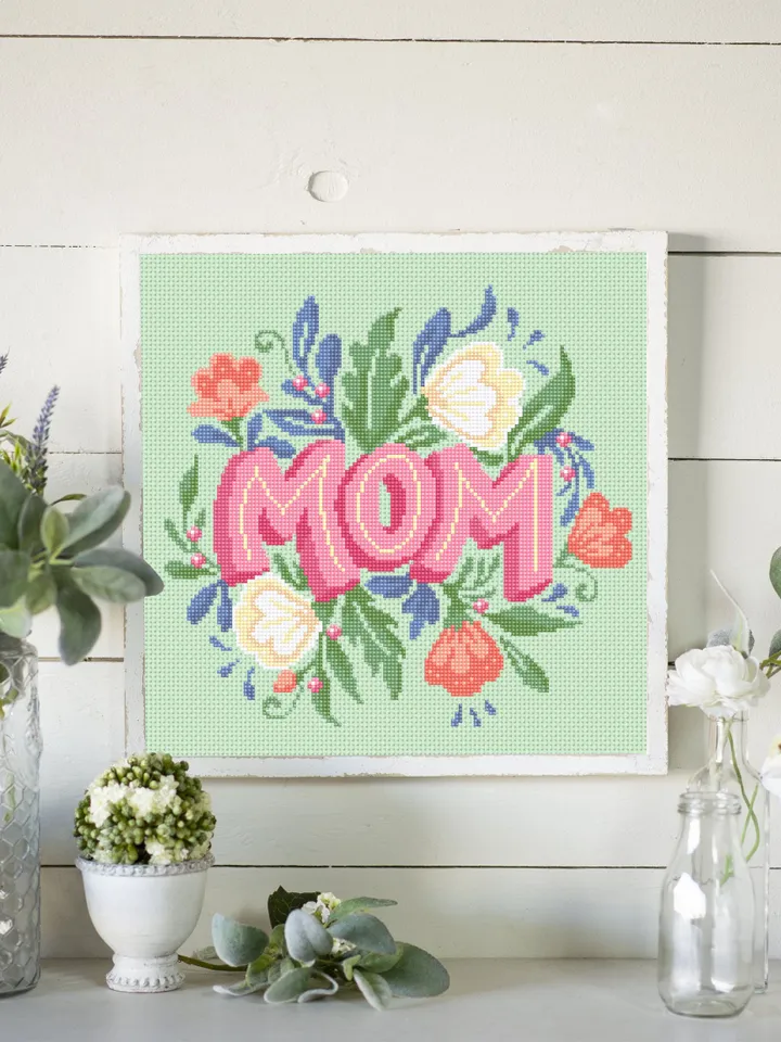 Bouquet flower cross stitch pattern download PDF Mom cross stitch chart, DIY gift for mother, Floral hoop art, Beginner cross stitch #Q46