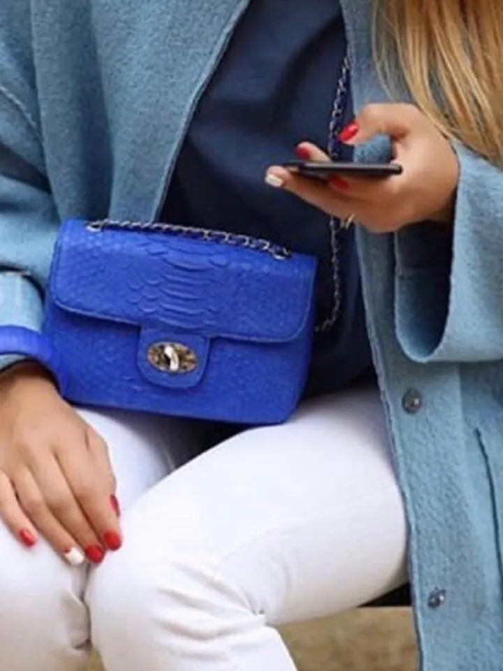 Royal Blue Crossbody Bag Genuine Python Skin | Adjustable Chain Classy Elegant Bright Blue Crossbody Small Lady Summer Bag | Python Purse