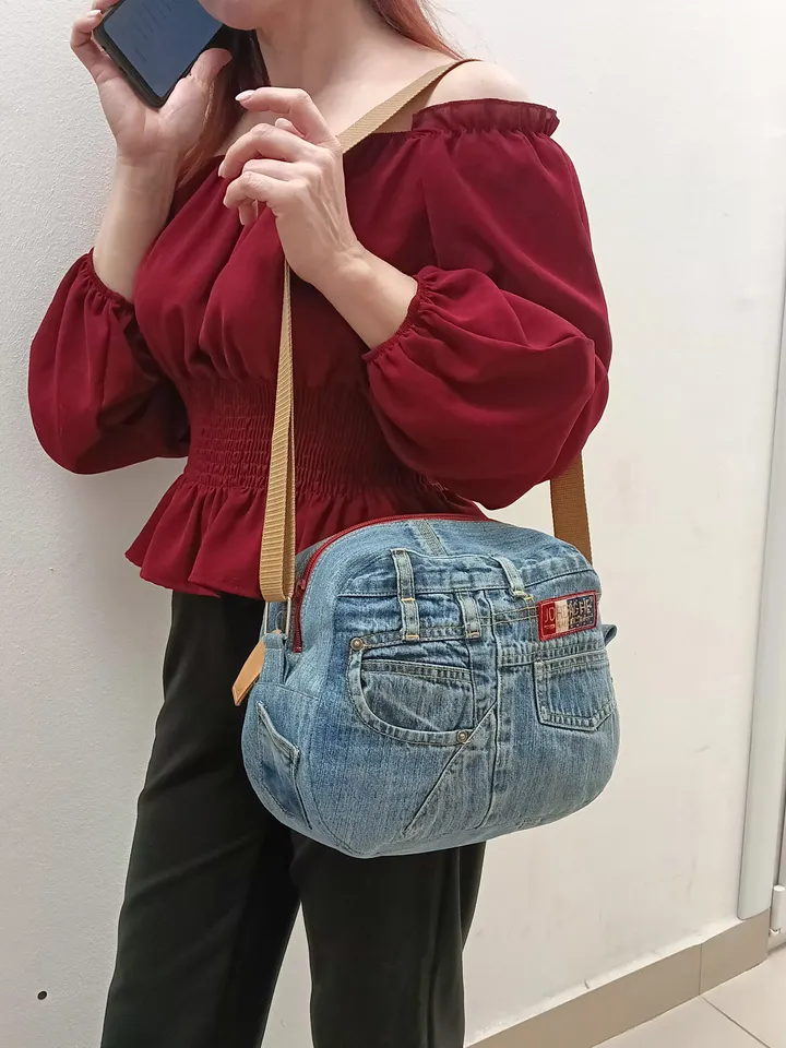 Unusual cute handmade denim bag with pockets - adjustable strap