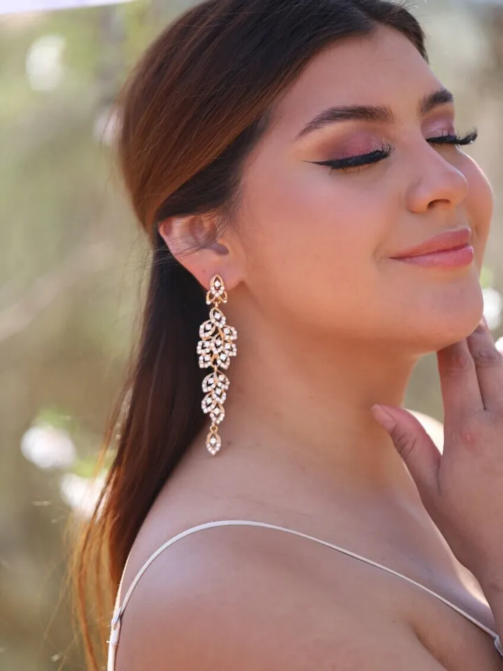 Extra Long Boho Wedding Earrings, Swarovski Crystal Statement Wedding Earrings, Champagne Gold Bridal Earrings, Statement Wedding Jewelry,