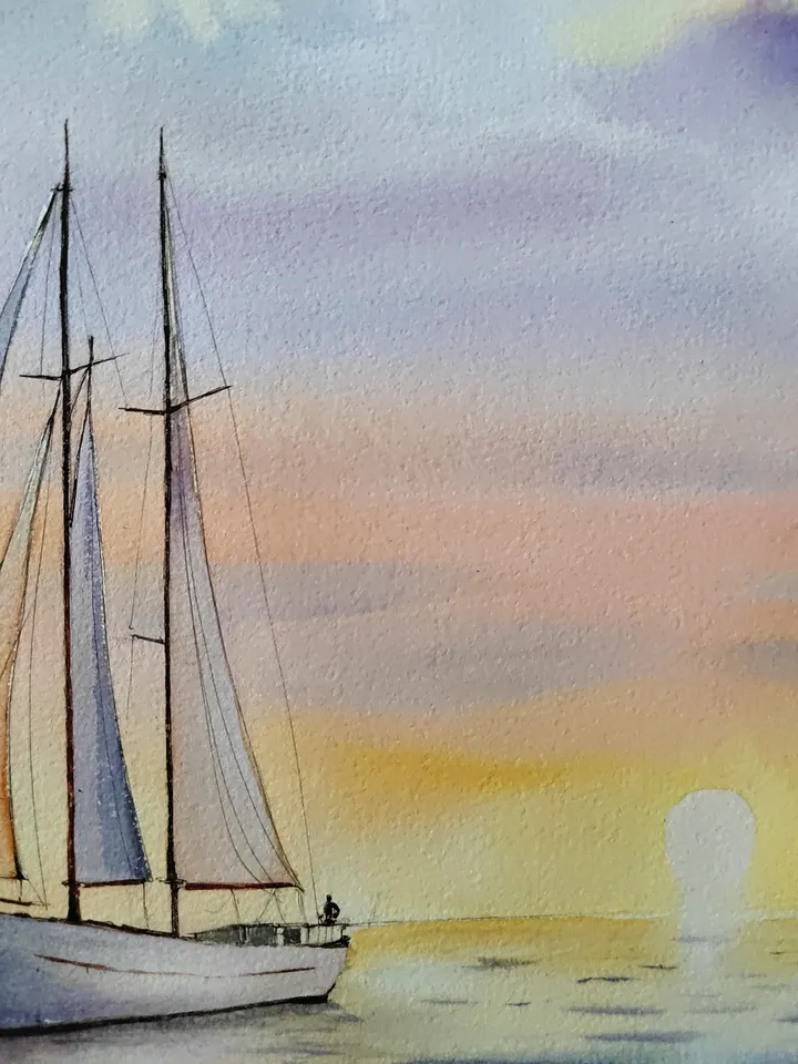 Original Watercolor Painting Sea Landscape Art Sea Sunset Artwork Yacht Picture 30x40 cm by SoftWaves