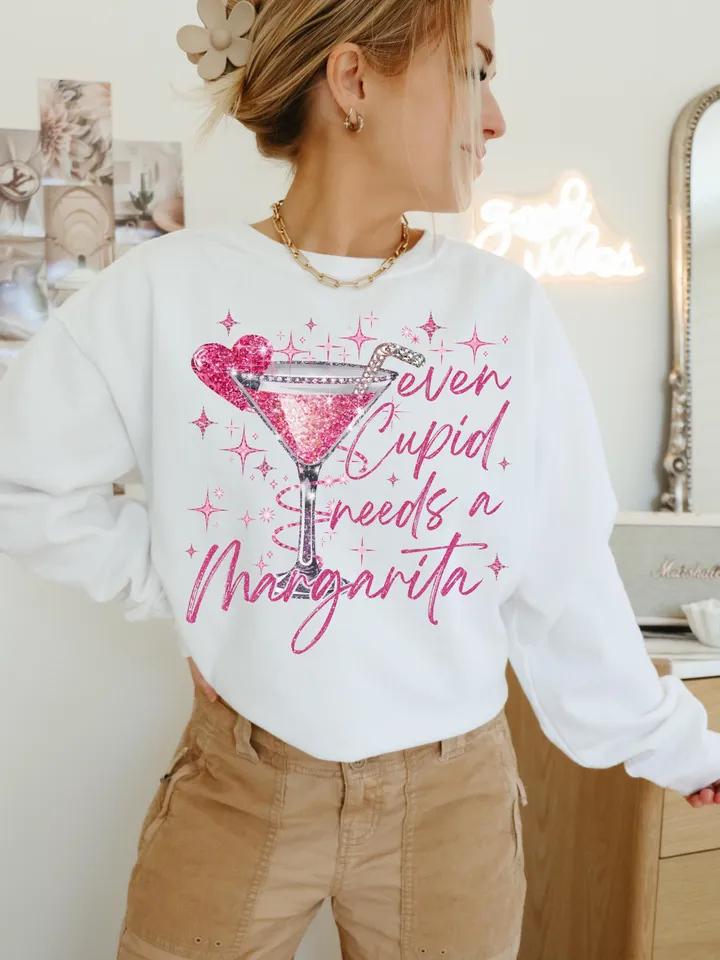 Even Cupid Need A Margarita Retro valentine png, Glitter Coquette Trendy Valentine Png Sublimation, Disco Ball, Funny Vday png Trendy png,