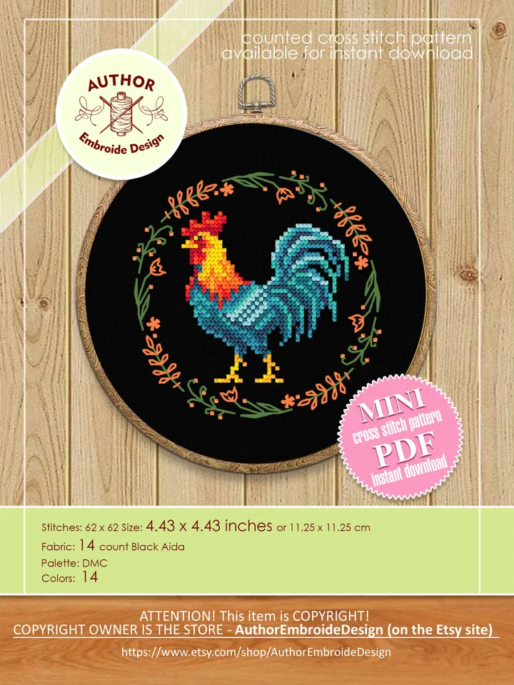 Funny chicken cross stitch pattern PDF download Set of 4 small hen cross stitch chart, Simple chicken pattern digital PDF, Rooster #K34
