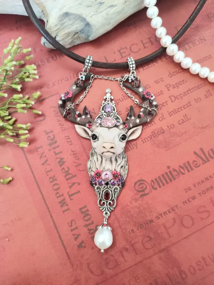 Deer pendant, Deer totem, Pearl pendant, necklace with stones, Ceitic deer amulet